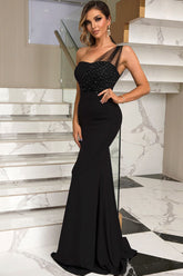 Glitzerndes, drapiertes One-Shoulder-Tüll-Maxi-Abendkleid mit Fischschwanz-Ausschnitt - Schwarz